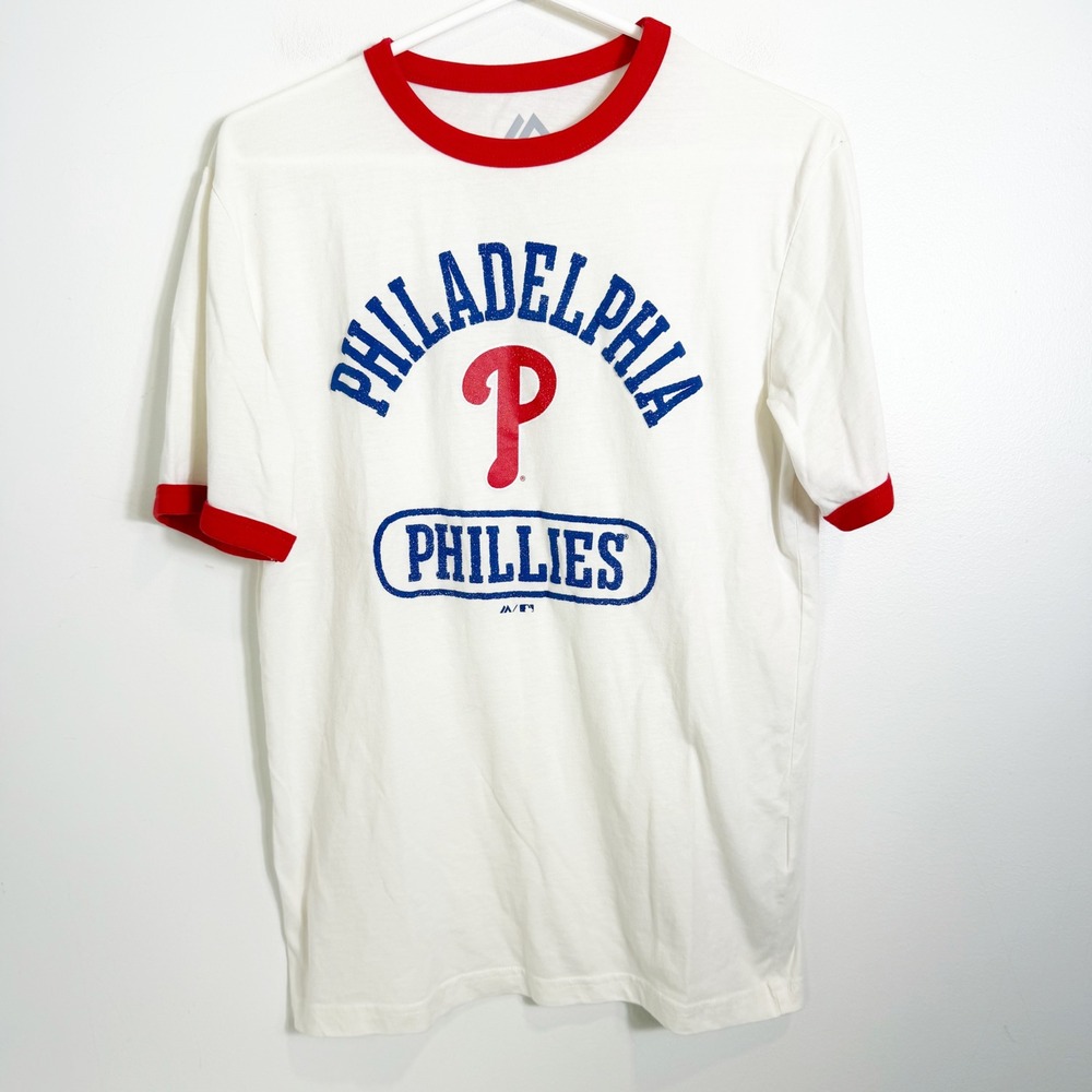 Majestic Philadelphia Phillies T-Shirt Women Small White Red Ringer MLB Graphic